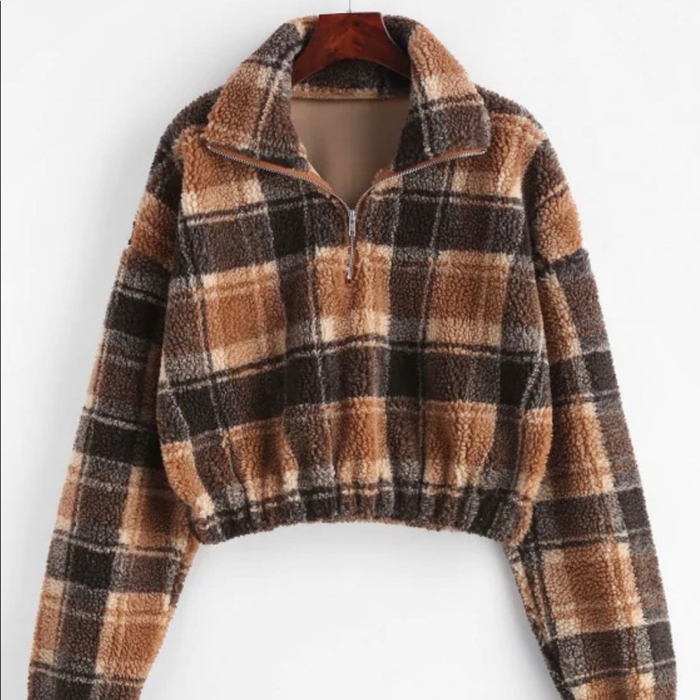 Plaid Crop Faux Fur Sweatshirt